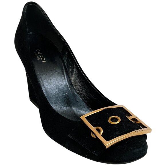 Gucci Black Suede Pumps with Gold Buckle - Picture 1 of 6